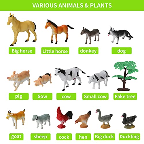 E-More Farm Animals Figuras de Juguete 34 Piezas Animal Pretend Play Juego de Juguetes educativos Animales de acción realistas con Alfombrilla de Juego niños, niñas y niños