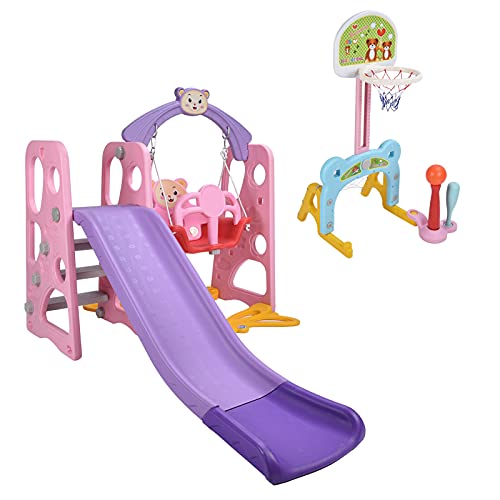 EBTOOLS Juego de aire de juego para tobogán escalada de balancín, cesta de baloncesto, but de fútbol ideal como regalo para niños pequeños, color rosa