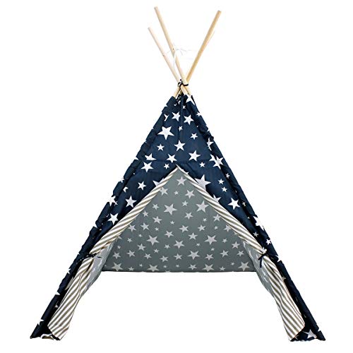 ECD Germany Tienda de Campaña para Niños 115x115x160cm Estilo Tipi Indio Juegos Fantasía Campañia Infantil de Poliéster Color Azul Estrellas con Entrada de Puerta con Bolsa de Almacenamiento