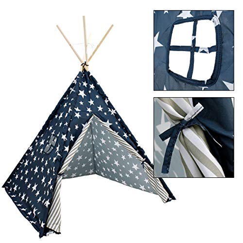 ECD Germany Tienda de Campaña para Niños 115x115x160cm Estilo Tipi Indio Juegos Fantasía Campañia Infantil de Poliéster Color Azul Estrellas con Entrada de Puerta con Bolsa de Almacenamiento