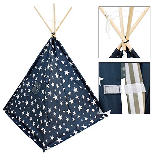 ECD Germany Tienda de Campaña para Niños 115x115x160cm Estilo Tipi Indio Juegos Fantasía Campañia Infantil de Poliéster Color Azul Estrellas con Entrada de Puerta con Bolsa de Almacenamiento