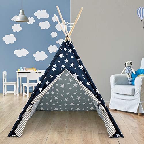 ECD Germany Tienda de Campaña para Niños 115x115x160cm Estilo Tipi Indio Juegos Fantasía Campañia Infantil de Poliéster Color Azul Estrellas con Entrada de Puerta con Bolsa de Almacenamiento