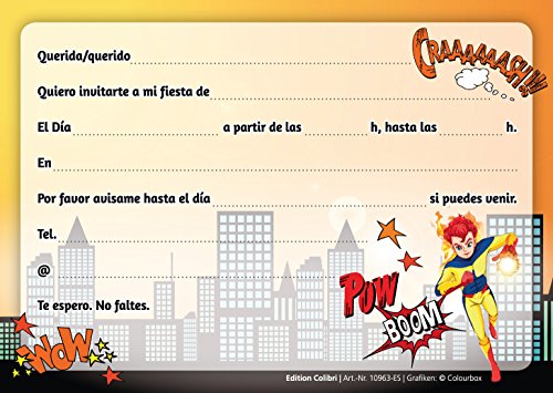 Edition Colibri 10 Invitaciones en español “Superheroes“: Juego de 10 Invitaciones para el cumpleaños Infantil del súper-héroe para súper-Chicos o súper-Chicas (10963 ES)