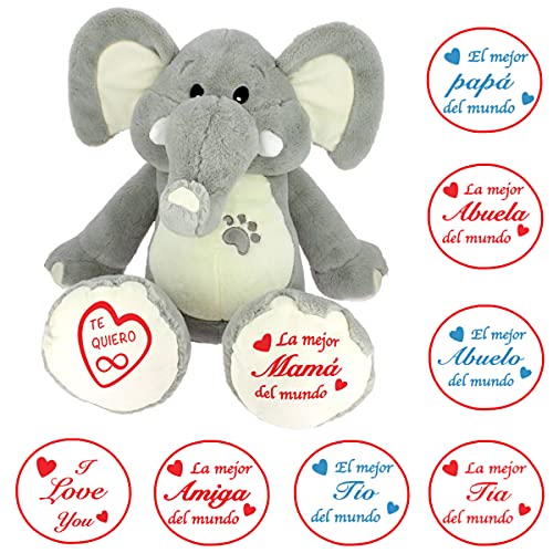 Elefante de peluche para regalo con frase original de 25 cm - Regalos para hombre y mujer - Regalos para amigas originales (01. TE QUIERO)