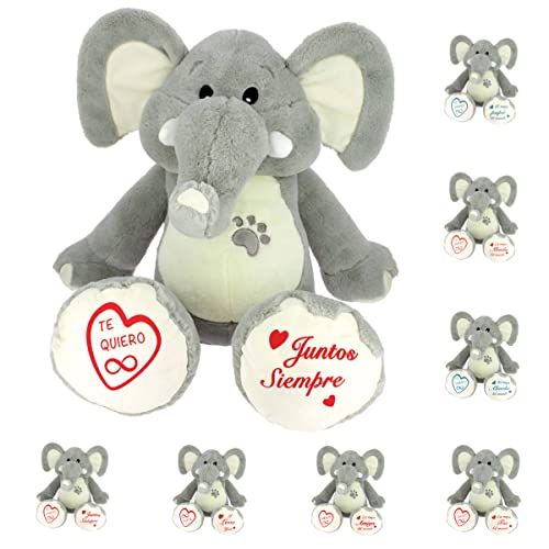 Elefante de peluche para regalo con frase original de 25 cm - Regalos para hombre y mujer - Regalos para amigas originales (01. TE QUIERO)