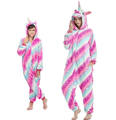 Emmarcon - Pijama Kigurumi - Pijama modelo animalito - Mono enterizo - Ideal incluso como disfraz de Halloween, para fiestas cosplay, etc - Pijama unisex para adulto Unicornio Sky Fucsia L