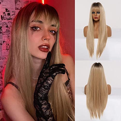 EMMOR Peluca rubia larga para mujer - Pelucas sintéticas naturales Ombre de pelo lacio con raíz oscura, uso diario para fiestas, uso diario (2 gorro de peluca gratis)