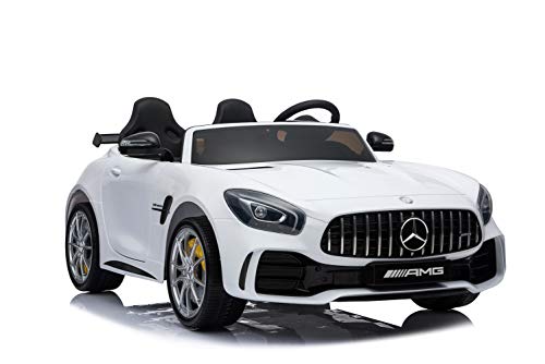 ES-TOYS Coche eléctrico para niños Mercedes GT R AMG, Dos plazas, neumáticos EVA, Asiento de Cuero, 2X 35W Blanco, Colores:Blanco