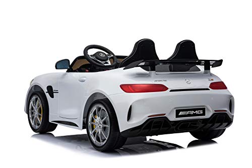 ES-TOYS Coche eléctrico para niños Mercedes GT R AMG, Dos plazas, neumáticos EVA, Asiento de Cuero, 2X 35W Blanco, Colores:Blanco