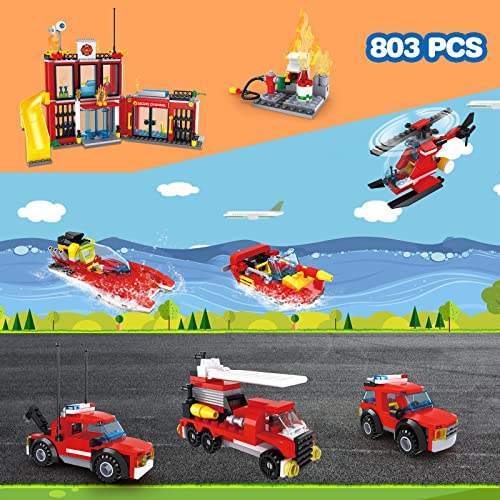 Estación de bomberos, juego de construcción con coche de bomberos, barco de rescate, helicóptero, juego de bomberos, juguete educativo, pequeño regalo para niñas y niños a partir de 6 años