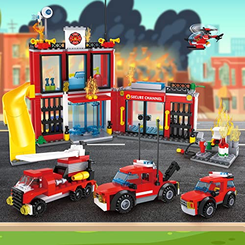 Estación de bomberos, juego de construcción con coche de bomberos, barco de rescate, helicóptero, juego de bomberos, juguete educativo, pequeño regalo para niñas y niños a partir de 6 años