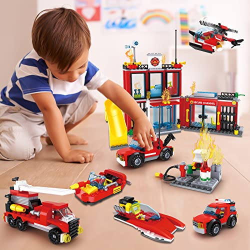 Estación de bomberos, juego de construcción con coche de bomberos, barco de rescate, helicóptero, juego de bomberos, juguete educativo, pequeño regalo para niñas y niños a partir de 6 años