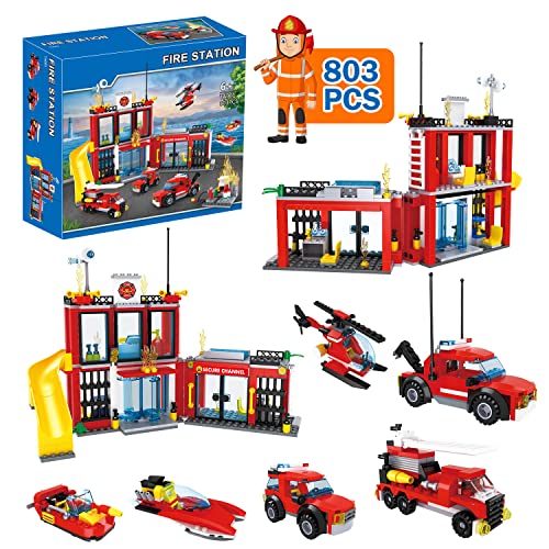 Estación de bomberos, juego de construcción con coche de bomberos, barco de rescate, helicóptero, juego de bomberos, juguete educativo, pequeño regalo para niñas y niños a partir de 6 años