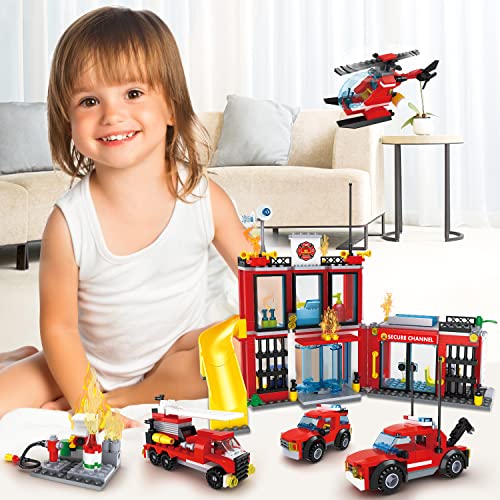 Estación de bomberos, juego de construcción con coche de bomberos, barco de rescate, helicóptero, juego de bomberos, juguete educativo, pequeño regalo para niñas y niños a partir de 6 años