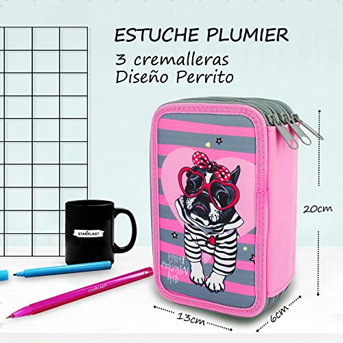 ESTUCHE ESCOLAR PLUMIER STARPLAST - 3 compartimentos, 16 lápices de colores, 16 rotuladores de colores, sacapuntas, goma, 3 bolígrafos para uso escolar, regalo - DISEÑO PERRO CON GAFAS