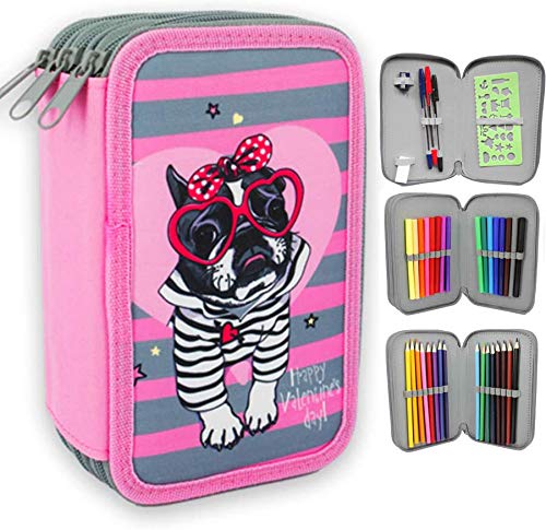 ESTUCHE ESCOLAR PLUMIER STARPLAST - 3 compartimentos, 16 lápices de colores, 16 rotuladores de colores, sacapuntas, goma, 3 bolígrafos para uso escolar, regalo - DISEÑO PERRO CON GAFAS