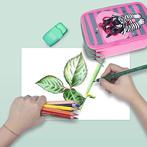 ESTUCHE ESCOLAR PLUMIER STARPLAST - 3 compartimentos, 16 lápices de colores, 16 rotuladores de colores, sacapuntas, goma, 3 bolígrafos para uso escolar, regalo - DISEÑO PERRO CON GAFAS