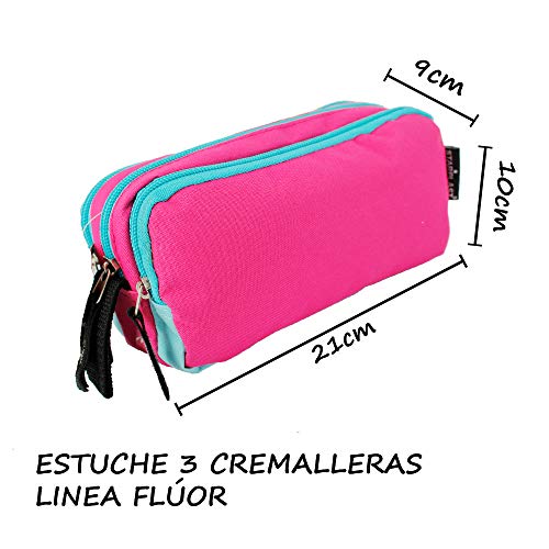 Estuche Escolar STARPLAST - Porta Todo, 3 Cremalleras, 3 Compartimentos, Gran Capacidad, Multiuso, para Uso Escolar, Trabajo, Universidad - Fucsia FLÚOR