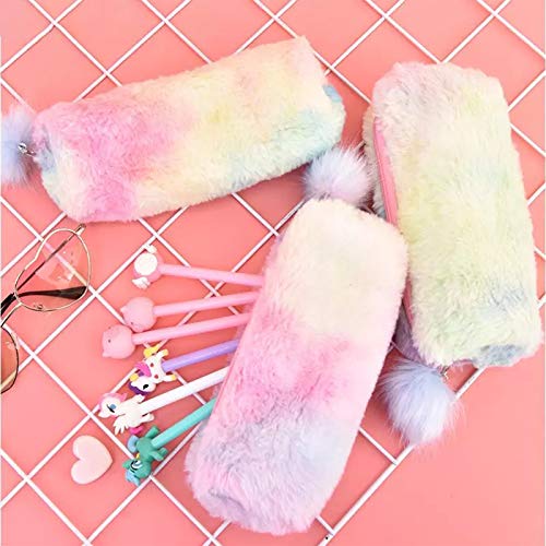 Estuche para lápices arcoíris peluche 2 piezas Estuche para lápices peludo Lindo portalápices arcoíris Estuche para lápices suave esponjoso Bolsas de almacenamiento de Útiles escolares