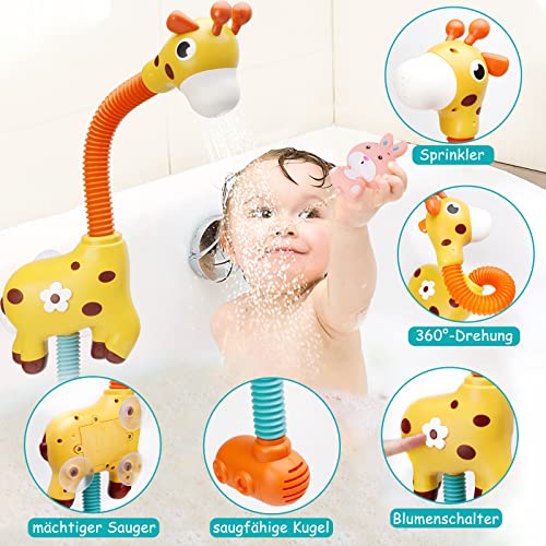 Euclidean Cube Juguete de baño para bebé, cabeza de ducha para niños, ajustable a 360 grados, jirafa, juguete de agua con 4 juegos de juguetes para piscina para niños pequeños