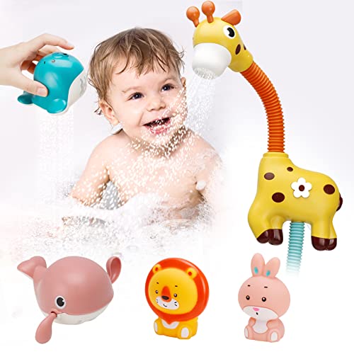 Euclidean Cube Juguete de baño para bebé, cabeza de ducha para niños, ajustable a 360 grados, jirafa, juguete de agua con 4 juegos de juguetes para piscina para niños pequeños