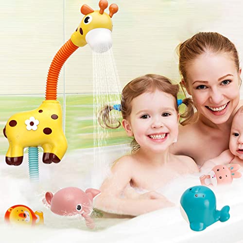 Euclidean Cube Juguete de baño para bebé, cabeza de ducha para niños, ajustable a 360 grados, jirafa, juguete de agua con 4 juegos de juguetes para piscina para niños pequeños