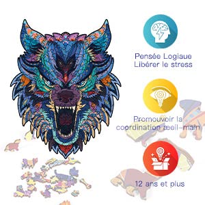 EVTI Puzzles de madera para adultos y niños, 200 piezas de madera, diseño único de animales – Rompecabezas – Tamaño A4 ideal para decoración – pintura no tóxica (Loup)