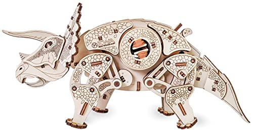 EWA Eco-Wood-Art Triceratops de Dinosaurio mecánico 3D de Madera-Rompecabezas para Adultos y Adolescentes-Montaje sin pegamento-283 Piezas, Color Naturaleza