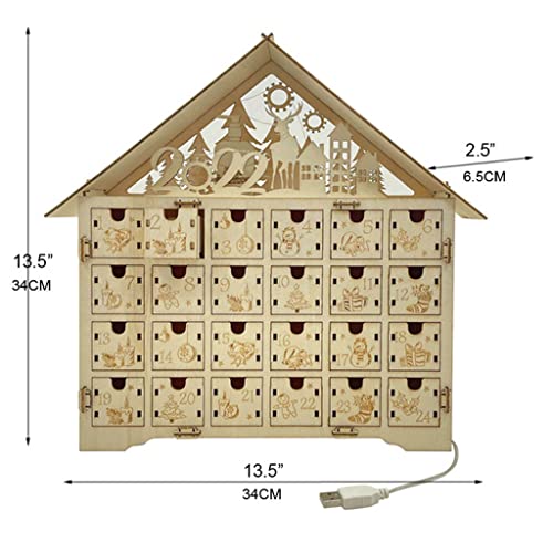 F Fityle Lindo Calendario de Adviento de Madera de Navidad 24 cajones Luces LED Fuente de alimentación USB Decoración navideña