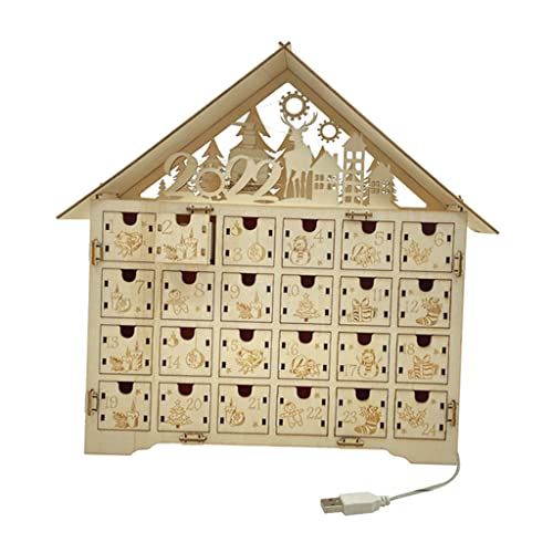 F Fityle Lindo Calendario de Adviento de Madera de Navidad 24 cajones Luces LED Fuente de alimentación USB Decoración navideña