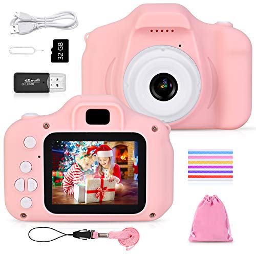 Faburo - Cámara de fotos infantil mini digital para niños, 12 Mpx, 32 G TF tarjeta, 510 esquinas de fotos para niños (rosa)