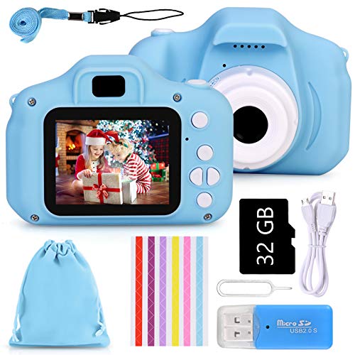 Faburo Coche digital para niños con tarjeta SD de 32 GB, cámara de fotos portátil digital para niños, color azul