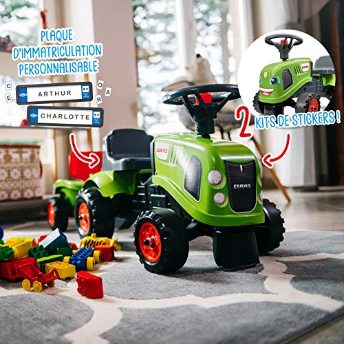 Falk – Portatractor Claas con Remolque – A Partir de 12 Meses – Fabricado en Francia – Pala y rastrillo incluidos, 2 Estilos de personalización, Placa de matrícula Personalizable, 212C