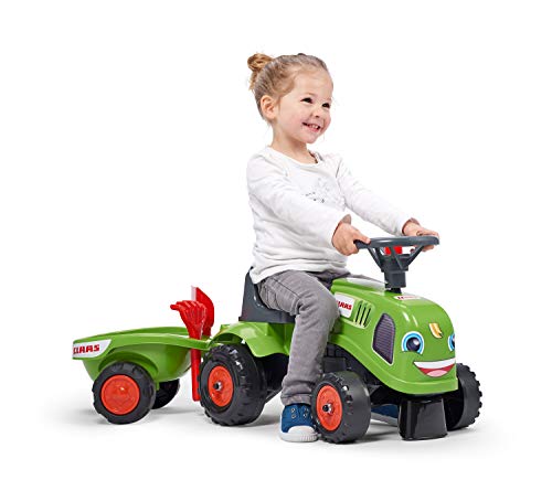 Falk – Portatractor Claas con Remolque – A Partir de 12 Meses – Fabricado en Francia – Pala y rastrillo incluidos, 2 Estilos de personalización, Placa de matrícula Personalizable, 212C