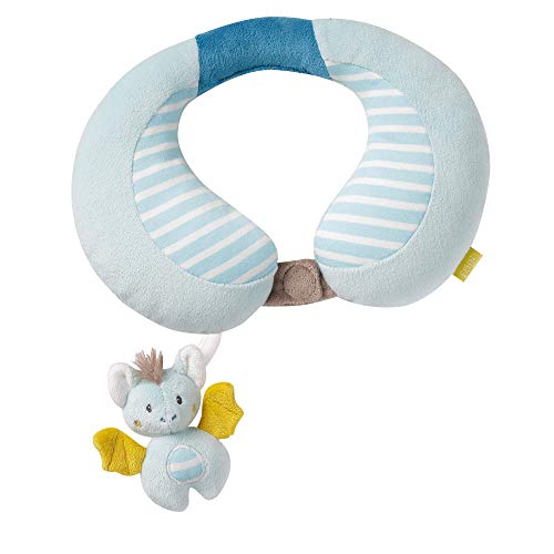 Fehn 065282 Cojín cervical con figura de murciélago, cojín de apoyo, almohada para el cuello con pequeño animal con sonajero para bebés y niños pequeños a partir de 6 meses, Medidas: 24 x 20 cm