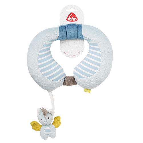 Fehn 065282 Cojín cervical con figura de murciélago, cojín de apoyo, almohada para el cuello con pequeño animal con sonajero para bebés y niños pequeños a partir de 6 meses, Medidas: 24 x 20 cm