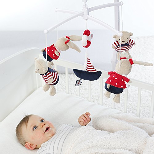 Fehn 078190 Móvil musical Ocean Club, caja de música móvil con peluches, Melodía "Der Mond ist aufgegangen", Para colocar en la cama de los bebés de 0 a 5 meses, Altura: 65 cm, diámetro 40 cm