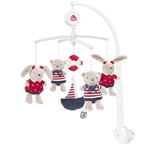 Fehn 078190 Móvil musical Ocean Club, caja de música móvil con peluches, Melodía "Der Mond ist aufgegangen", Para colocar en la cama de los bebés de 0 a 5 meses, Altura: 65 cm, diámetro 40 cm