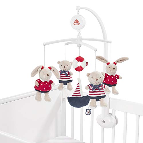 Fehn 078190 Móvil musical Ocean Club, caja de música móvil con peluches, Melodía "Der Mond ist aufgegangen", Para colocar en la cama de los bebés de 0 a 5 meses, Altura: 65 cm, diámetro 40 cm