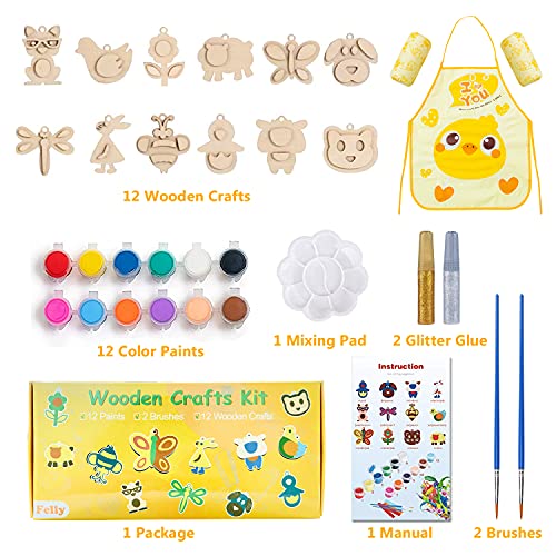 Felly Manualidades Niños 3 4 Años, Maderas para Manualidades Pintura Kit Figuras de Animales Kit Manualidades, Creativo Educativo Juguetes Cumpleaños Navidad Regalo para Niños(12pcs)