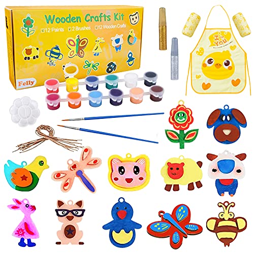 Felly Manualidades Niños 3 4 Años, Maderas para Manualidades Pintura Kit Figuras de Animales Kit Manualidades, Creativo Educativo Juguetes Cumpleaños Navidad Regalo para Niños(12pcs)