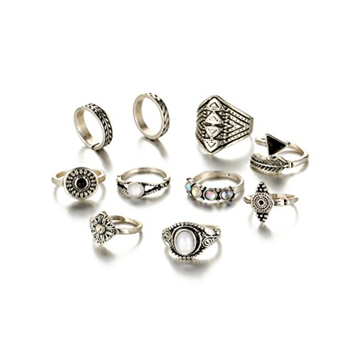 FENICAL Anillos de Dedo étnicos Conjunto exagerado combinación de Piedras Preciosas Anillos Traje de la joyería para Mujeres niñas Paquete 10 unids (Plata)