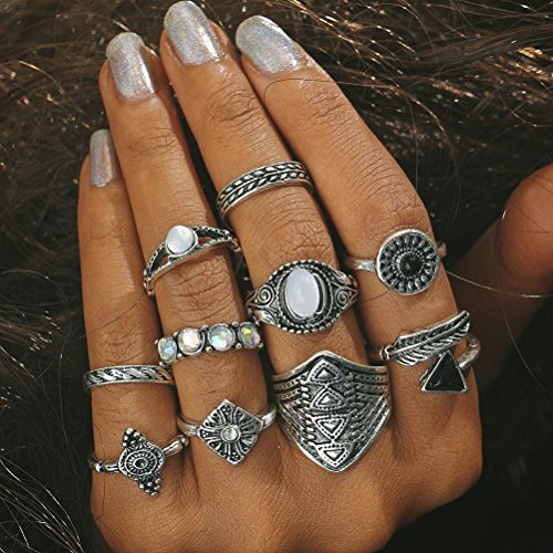 FENICAL Anillos de Dedo étnicos Conjunto exagerado combinación de Piedras Preciosas Anillos Traje de la joyería para Mujeres niñas Paquete 10 unids (Plata)