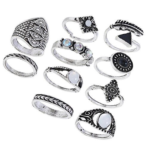 FENICAL Anillos de Dedo étnicos Conjunto exagerado combinación de Piedras Preciosas Anillos Traje de la joyería para Mujeres niñas Paquete 10 unids (Plata)