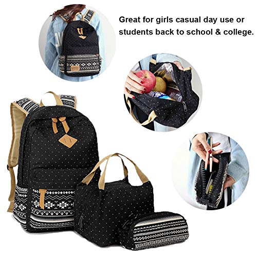 FEWOFJ Mochila Escolar Chicas Lona Vintage Backpack Canvas Casual + Bolsa del Almuerzo + Monedero Grande 3pcs (Negro)