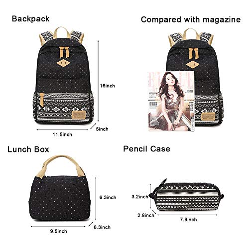 FEWOFJ Mochila Escolar Chicas Lona Vintage Backpack Canvas Casual + Bolsa del Almuerzo + Monedero Grande 3pcs (Negro)