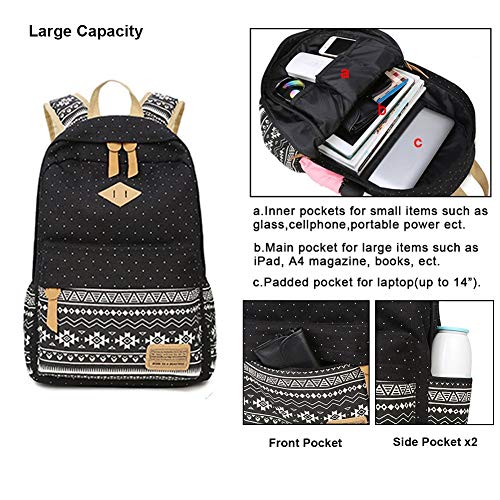 FEWOFJ Mochila Escolar Chicas Lona Vintage Backpack Canvas Casual + Bolsa del Almuerzo + Monedero Grande 3pcs (Negro)