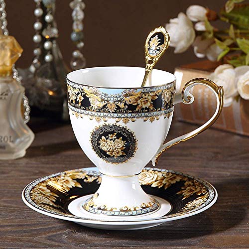 FHISD Classic Palace Style Juego de Taza y platillo de Porcelana China para café, Taza de té Retro de la Tarde con Bandeja y Cuchara, Taza de Leche de 250 ml con diseño de asa, Adecuada para Regal