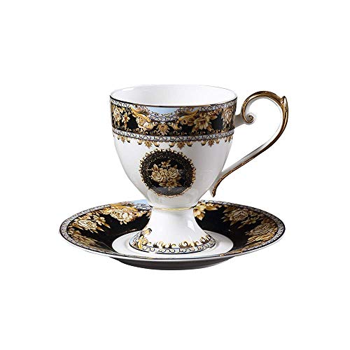 FHISD Classic Palace Style Juego de Taza y platillo de Porcelana China para café, Taza de té Retro de la Tarde con Bandeja y Cuchara, Taza de Leche de 250 ml con diseño de asa, Adecuada para Regal