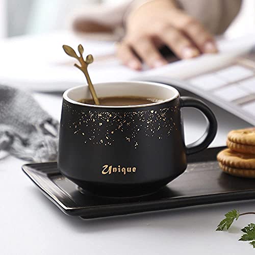 FHISD Taza de café con Taza de cerámica Dorada de 250 ml, Pareja, Pareja, Taza de Desayuno, Taza de Leche, platillo de Postre con Cuchara, Taza de té de la Tarde Familiar y Juego de platillo, máqu